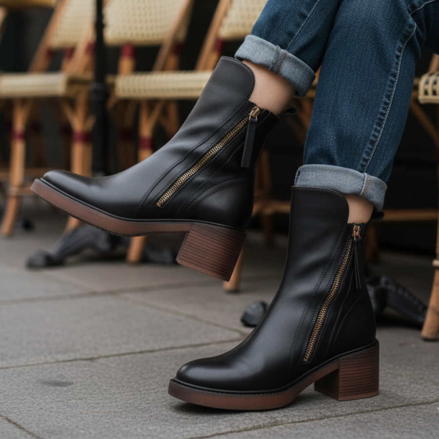 Sinclair™ | Black leather boots with a comfortable heel, elegant and timeless