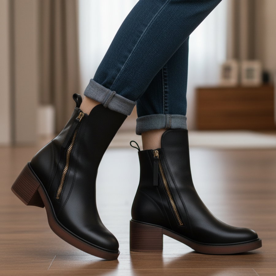 Sinclair™ | Black leather boots with a comfortable heel, elegant and timeless