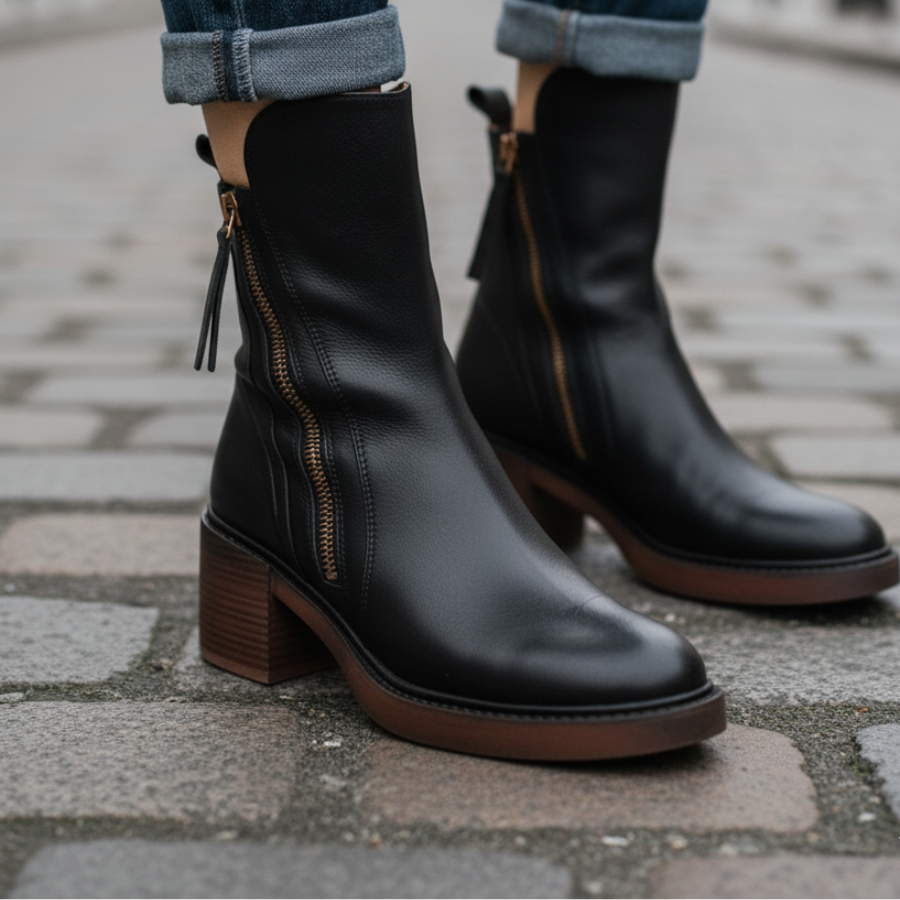 Sinclair™ | Black leather boots with a comfortable heel, elegant and timeless