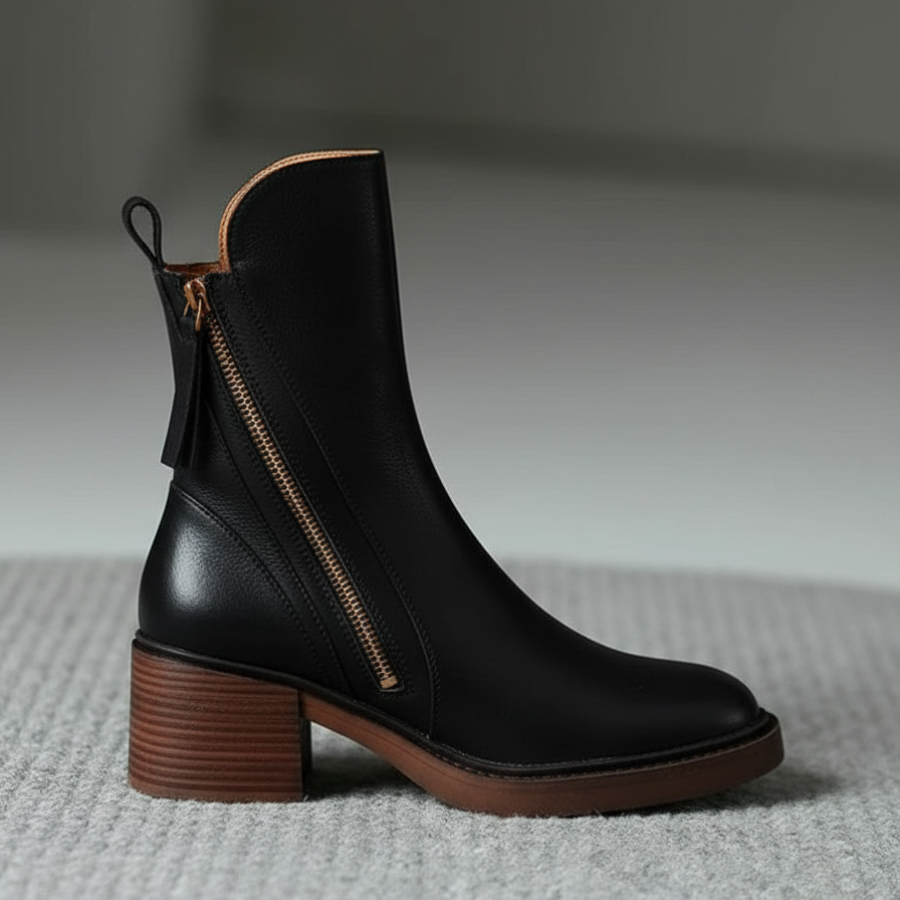Sinclair™ | Black leather boots with a comfortable heel, elegant and timeless