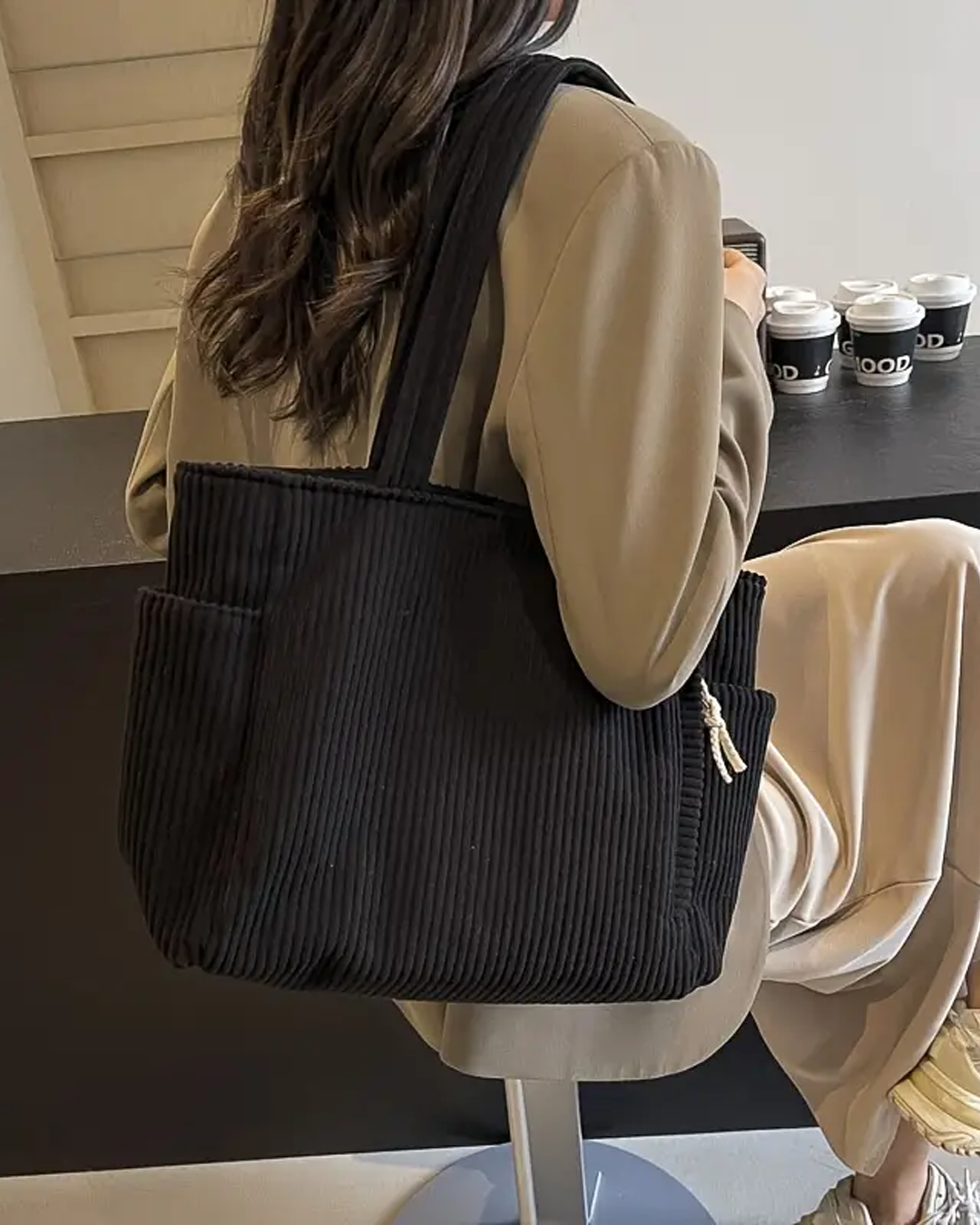 Sinclair™ | Ribbed Tote Bag with Cord Detail